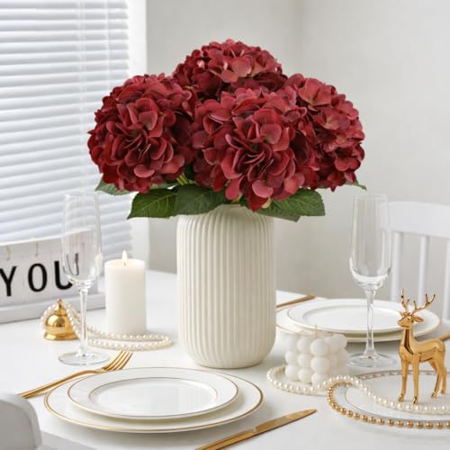 Artificial Hydrangea Flowers, Real Touch Faux Hydrangea Stems, Latex Realistic Floral Arrangement for Home Decor, Wedding Table Centerpiece, Elegant Party Decoration (Red., 4pcs) - color: Red., size: 4pcs