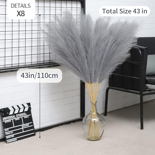 43" Grey Pampas Grass Decor - 8 PCS Faux Pampas Grass Tall Pompas Floral Arrangement and Vase Filler for Wedding, Boho Home, Baby Shower, Mother's Day Decoration - color: Grey