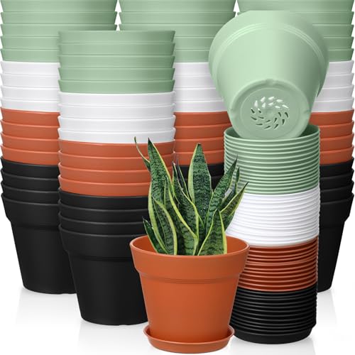 Mumufy 54 Pack 4 Inch Plant Pots Bulk Small Planter with Drainage Hole and Saucer Small Plastic Pots for Flowers Succulent Cactus and All House Indoor(Classic) - color: Classic