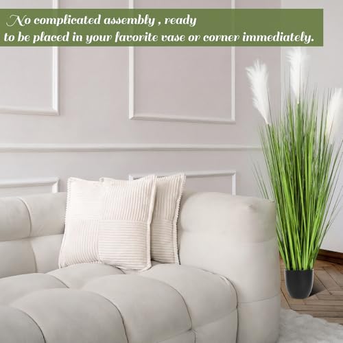 Jexine 2 Pcs 4 ft Artificial Tall Grass Plants for Outdoor Faux Tall Grasses Plant with Reed Flowers Potted Fake Greenery Plants for Housewarming Gift House Garden Lobby Outdoor Decoration (White) - color: White