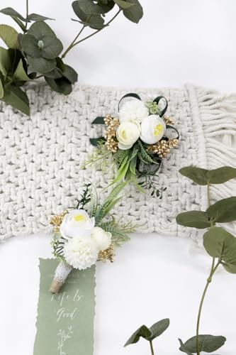Ansofi Ivory White Corsage and Boutonniere Set Artificial Rose Flower Wrist Corsage and Boutineers for Groom Groomsmen Bride Bridesmaids Prom Rustic Vintage Wedding Decor - color: Ivory White