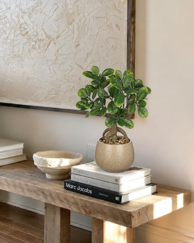 Artificial Bonsai Tree Fake Small Bay Plant with Ceramic Pot Indoor Bonsai | 13.7" Faux Plants Indoor Small Artificial Plants in Pots Fake Potted Desk Plant for Bathroom Office Table Shelf Zen Decor - color: Green Bay&brown Speckled Matte Pot