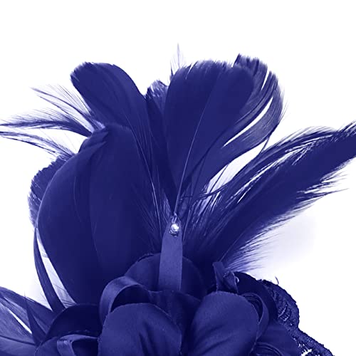 Song Qing Women's Fascinator Feather Flower Pin Brooch Corsage Bridal Hairband Derby Hat Cocktail Party Wedding - color: A7 Blue