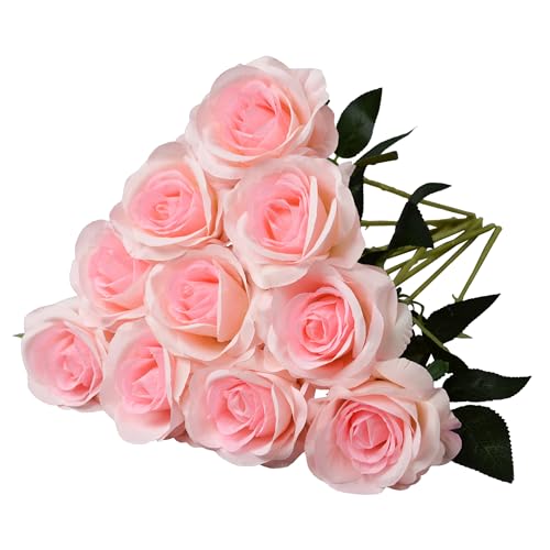 10 Pcs Light Pink Rose Artificial Flower, Faux Silk Flowers With Long Stems, Fake Roses Bulk Bouquet for Decoration Valentine's Day Centerpieces Proposal Bridal Bouquets Shower Party Home Floral Decor - color: Light Pink