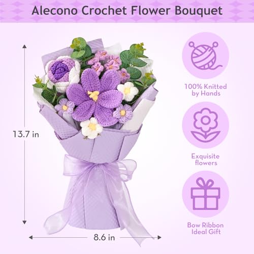 Alecono Crochet Flower Bouquet, Knitted Flowers, Purple Handmade Bouquet of Flowers for Lover Anniversary Birthday Party Mother's Day Graduation Gifts (Include Card) - color: Purple
