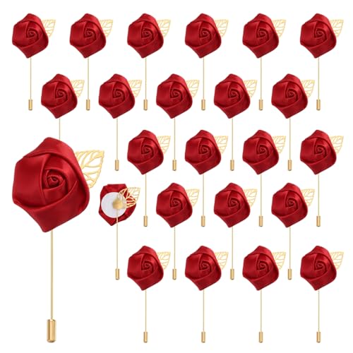 uxcell 24pcs Wine Red Rose Boutonnieres Flower Buttonholes Pocket Boutonnieres Pins for Wedding Ceremony Anniversary Prom Formal Dinner Party - color: Wine Red