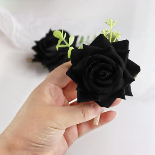 Artificial Black Rose Flowers Boutonnieres for Men Best Men Wedding Groom Groomsmen Handmade Silk Flowers Boutonniere for Wedding Anniversary Prom Homecoming Dance Black Rose Boutonniere - color: Black Rose Boutonniere