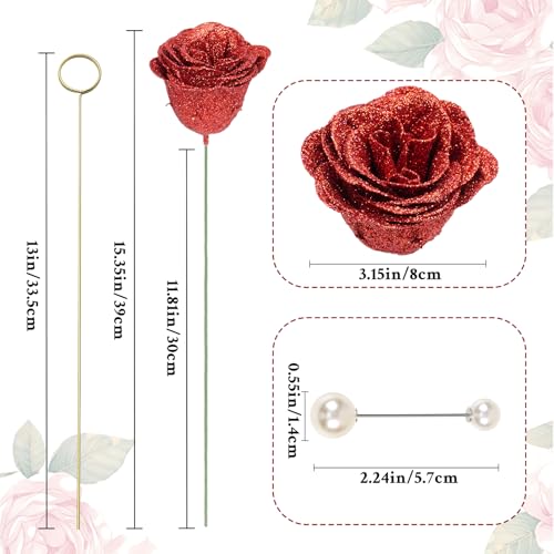 Waipfaru Red Glitter Roses Bouquet, DIY Fake Flowers Bouquet, Everlasting Shiny Artificial Rose Bouquet for Valentines, Anniversary, Engagement, Wedding, 24 Roses - color: Red, size: 24pcs