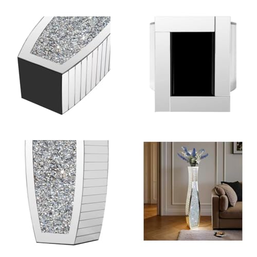 36" Extra Tall Double Sided Crushed Diamond Vases, Mirrored Silver Vase,Floor Vases Decorative Tall, Large Decorative Vase for Home,Office,Hotel Decor(7.72" L x4.33 W x 36" H)