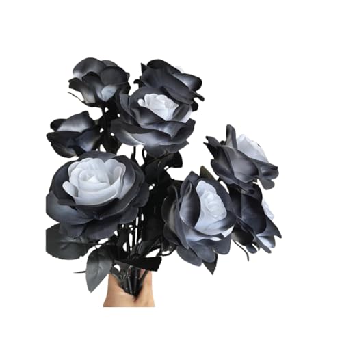 10 Bundles Black White Artificial Rose Flower,No Fade Roses,Single Stem Fake Silk Flowers Realistic Blossom Flora,for DIY Home~Halloween Decoration