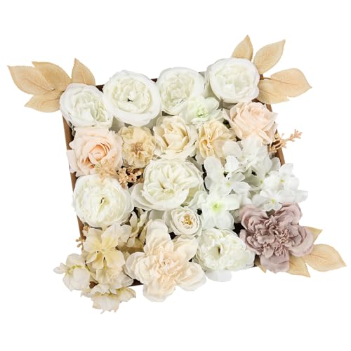 Artificial Flowers Combo Box Set Fall Fake Flowers Silk Mix Roses Peonies with Stems for DIY Bridal Wedding Decor Bouquets Centerpieces Baby Shower Party Home Decorations Cream White 30pcs - color: Creamy White