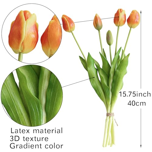 DUYONE 15pcs Artificial Tulips Flowers,Soft Touch Latex Bouquet, Fake Tulips for Office Wedding Party Home Kitchen Garden Decoration - color: 15pcs Orange (No Vase)
