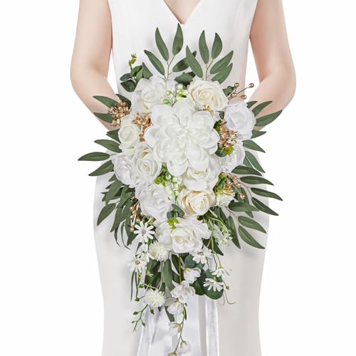 Serwalin 10 Inch Wedding Bouquets for Bride,Ivory Bridal Bouquet of Fake Flowers, Bridesmaid Bouquets for Wedding Ceremony Bridal Shower and Anniversary Day Decor - color: White and Gold