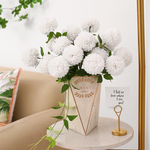 Floweroyal 24pcs Artificial Chrysanthemum Ball Flowers, Fake Mums Silk Hydrangea Bridal Wedding Bouquet for Home Garden Party Office Coffee House Decoration (White) - color: White-24pcs