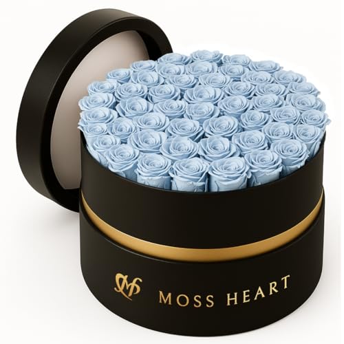 50 Petite Preserved Roses, Designer Round Box, Real Forever Roses Last 1+ Year, Premium Gift for Women, Wife, Girlfriend, Mother’s Day, Birthday, Anniversary, Valentine’s Day - color: Light Blue, size: 50 Roses