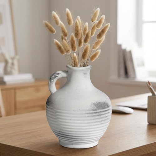 Rustic Farmhouse Vase, Ceramic Terracotta Vase with Handle, 6 inch Pottery Decorative Flower Vases for Home Decor, Table, Living Room, Bathroom, Shelf, Mantel Decor Grey - color: Rustic Grey - 6, size: 6 Inch