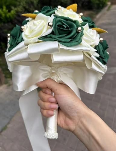 Handmade Wedding Bouquet Artificial PE Rose Bridal Bridesmaid Bouquet with Soft Ribbons Wedding Hand Holding Bouquet Artificial Fake Flowers Toss Bouquet(A-Emerald Green & White, 9.1"/23cm) - color: A-emerald Green & White, size: 9.1"/23cm