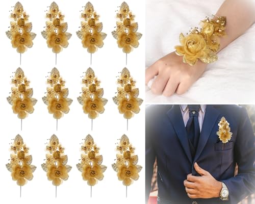 Set of 12 Artificial Silk Organza Craft Rose Flower, 12 Corsage Wristlet, 12 Pin Back DIY Boutonnieres for Wedding, Bridesmaids, Groomsmen, Quinceanera, Prom, Sweet 16 (Gold) - color: Gold