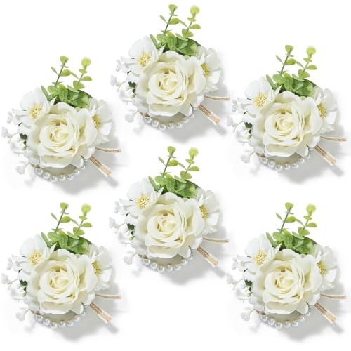 Serwalin 6 PCS Ivory Rose Wrist Corsages for Wedding, Corsages for Prom Homecoming Party Corsage Hand Decor for Bride Bridesmaids, Mother of Bride and Groom - color: Ivory, size: Corsage 6pcs
