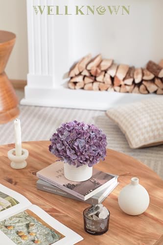 Hydrangea Fake Flowers in Vase, Artificial Flowers with Ceramic Vase Small Faux Potted Floral Arrangements for Bathroom Home Desk Kitchen Counter Vanity Shelf Coffee Table Centerpiece Decor (Purple) - color: Hydrangea, Purple