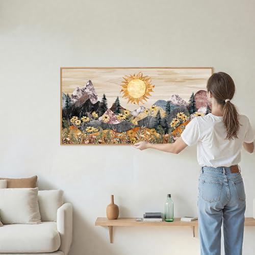Rantodecor Boho Mountain Framed Canvas Wall Art, Western Daisy Floral Landscape Wall Decor, Rustic Fern Flowers Art Painting, Modern Fantasy Nature Sun Artwork for Bedroom Living Room Office 40"x20" - color: Boho Mountain, size: 40"L x 20"W