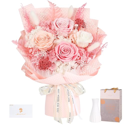 Preserved Flowers Bouquet 4 Roses - Pink Roses & Flowers for Delivery, Long-Lasting Real Roses Forever, Mothers Day Gifts for Mom Grandma Wife, Anniversary Birthday Gifts for Women - color: Pink