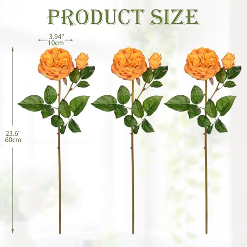 Real Touch Artificial Roses (Set of 3) – 23.6" Long Stem Orange Garden Roses – Lifelike Faux Silk Flowers for Wedding Bouquets, Home Décor, Centerpieces & Floral Arrangements - color: Sunset Orange, size: 3 PCS