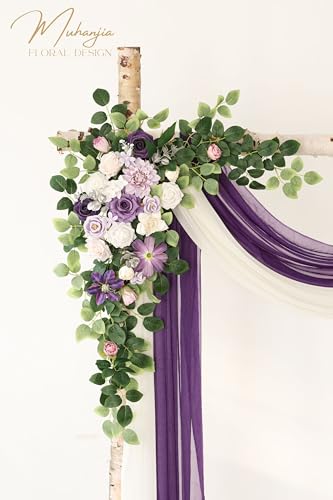 Muhanjia Artificial Wedding Arch Flowers Kit(Pack of 4),2Pcs Artificial Flower Arch Decor, 2Pcs Chiffon Fabric Drapes, Ceremony Decoration, Floral Outdoor Party Decor (Violet & Champagne) - color: Violet & Champagne