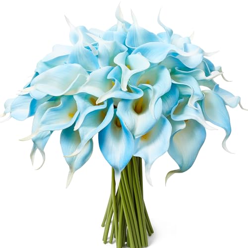 24 Pcs Artificial Calla Lily Flowers Light Blue Fake Silk Flowers Real Touch for Wedding Bouquet Office Home Kitchen Decor (White Blue) - color: White-blue