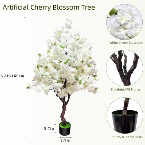 Cherry Blossom Tree 5.3ft, Faux White Cherry Blossom Tree with Green Leaves for Wedding House Office Decor