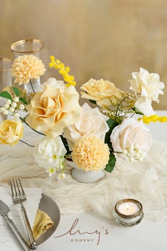 Ling's moment Artificial Flowers Fake Silk Roses Faux Foam Dahlia Combo for DIY Wedding Bouquets Centerpieces Arrangements Bridal Shower Party Home Decorations, Creamy Yellow & Cream, 24pcs - color: Ylw-creamy Yellow & Cream