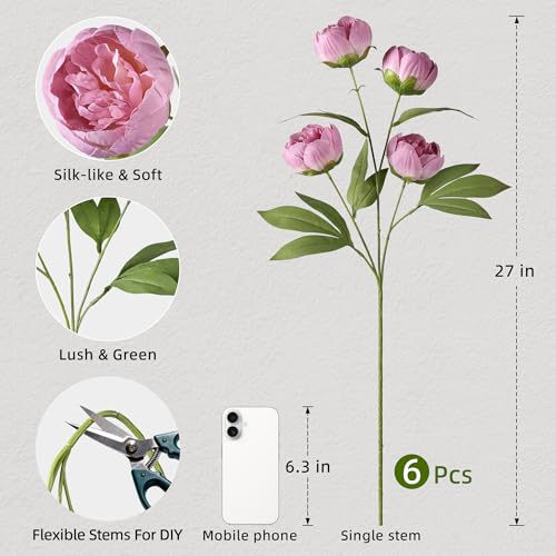 florisso 6 Pcs 27" Faux Silk Artificial Peony Flowers, Fake Peony Branches for Vase DIY Bouquet Centerpieces Wedding Shower Decorations/Dull Pink - color: Dull Pink