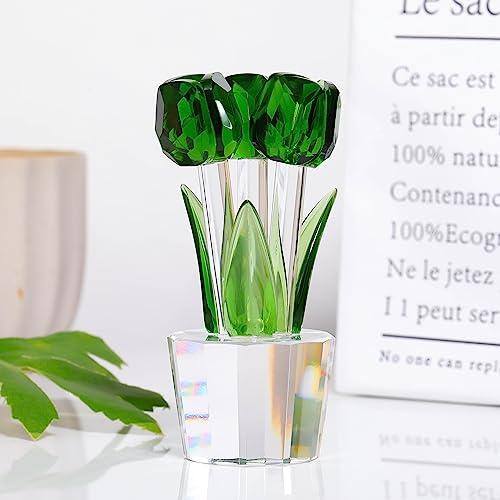 Qianwei Crystal Tulips Flowers Figurine Green with Vase - Glass Flower Bouquet Collectible Figurines Crystal Office Home Decor Paperweight - Tulip Gifts for Women Mom Bestfriend Wedding Anniversary - color: Green Tulip