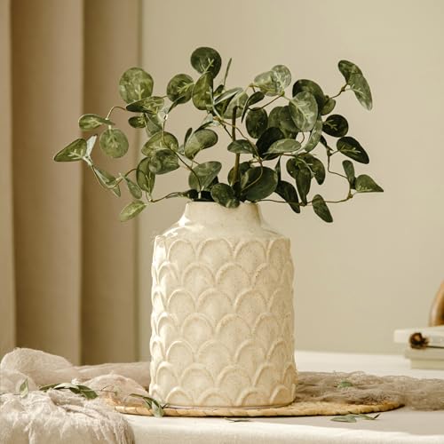 Ceramic Flower Vase, 7.28” Rustic Farmhouse Decorative Vase for Home Decor, Beige Textured Pottery Vase for Pampas Grass, Living Room, Entryway, Mantel, Kitchen Table, Centerpiece - color: 201-white