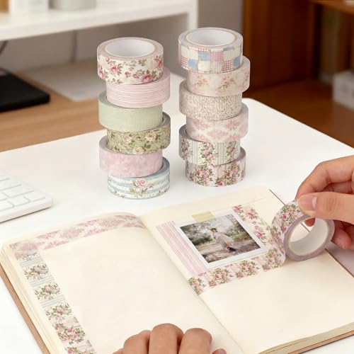 12 Rolls Watercolor Floral Washi Tape Set 15 mm Vintage Flower Decorative Masking Tape for Summer School Arts DIY Craft Scrapbook Journal Supplies Gifts(Vintage Pink,Cottagecore) - color: Vintage Pink, style: Cottagecore