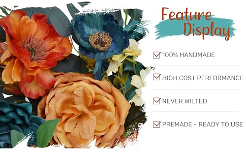 Wedding Arch Flowers with Drapes Kit (Pack of 4) - 2pcs Artificial Teal Orange Fall Deluxe Swag with 2pcs Sheer Drapes for Wedding Ceremony Arbor Reception Backdrop Rose Floral Decoration - color: Teal & Burnt Orange