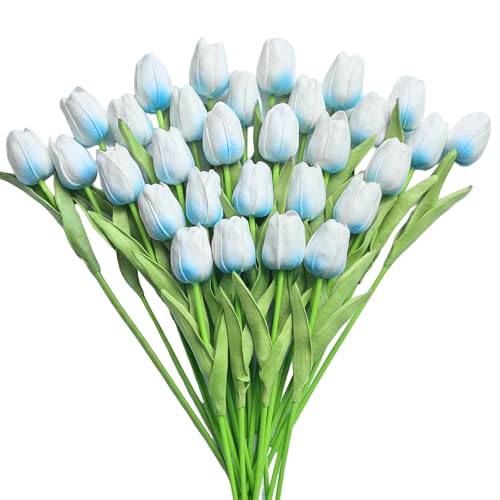30 PCS Artificial Tulips Real Touch Tulips 13.5inch Long Stem Fake Flowers Silk Flowers for Spring Easter Mother's Day Decorations（White+Light Blue） - color: White+light Blue