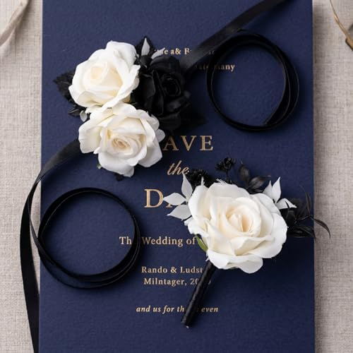 Wedding Flower Set with Rose Corsage and Boutonniere for Men (Black & White) - color: Black & White