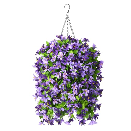 INQCMY Artificial Hanging Flowers in Basket for Outdoor Spring Summer Decoration,4pcs Faux Silk Violet in Planter UV Resistant for Outside Home Patio Garden Porch Deck Decor(Purple Orchid) - color: Purple Orchid