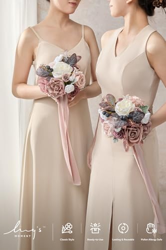 Ling's moment Wedding Artificial Flowers Package, Bridal Bouquet, Bridesmaid Bouquets, Boutonniere for Men, Rose Petals.Dusty Rose Muave - color: Pk-dusty Rose Muave