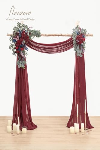 Floroom Arch Flowers with Drapes Kit (Pack of 4) - 2pcs Artificial Burgundy & Navy Blue Floral Swag Arrangement with 2pcs Draping Fabric for Wedding Ceremony Arbor and Reception Backdrop Decoration - color: Burgundy & Navy Blue