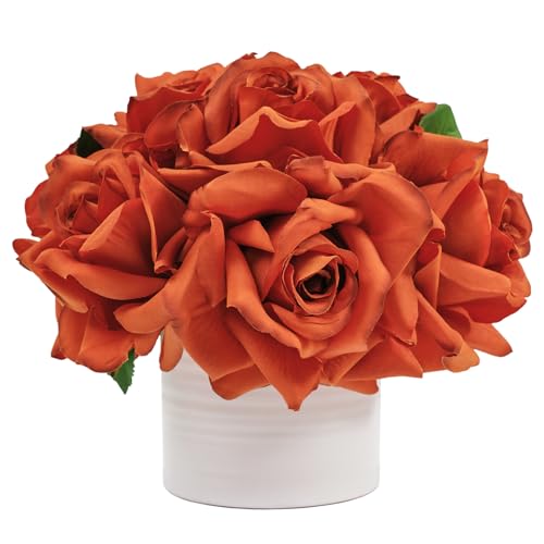 WELL KNOWN Artificial Flowers in Vase, Silk Rose Arrangement Mini Potted Realistic Fake Flowers with Ceramic Vase for Wedding Vanity Centerpiece Coffee Table Bathroom Anniversary Decor (Burnt Orange) - color: Rose, Burnt Orange