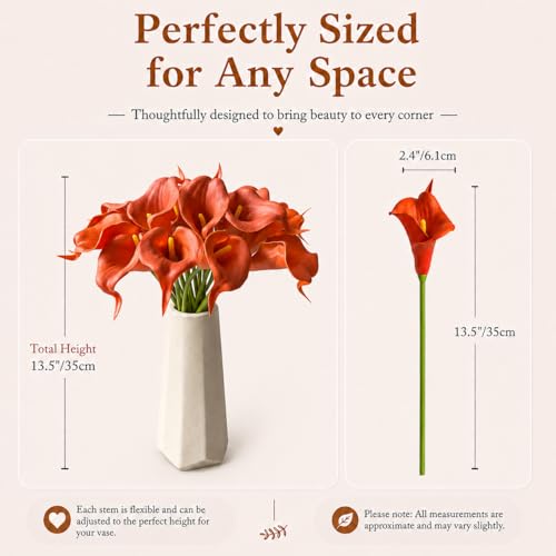 Mandy's 20pcs Burnt Orange Calla Lily Artificial Flowers | 13.5 Inch PU Realistic Bouquet for Vase Elegant Home Decor Centerpiece Wedding Bridal Bouquet Table Decoration - color: Burnt Orange
