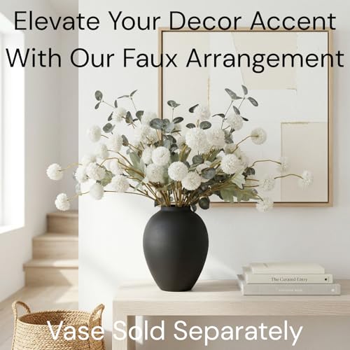 RyddeligHome White Faux Kiku Flowers for Vase(NOT Included) - 10 Long Stem Artificial Flowers with Eucalyptus, Realistic Floral Stems for Tall Vases, Farmhouse Home Decor (Premium Quality) - color: White