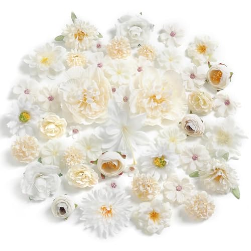 Artificial Flowers Heads Combo White Flowers Mix Silk Flowers Heads Bulk Faux Rose for Craft Garland Graduation Cap Wedding Bridal Baby Shower Home Party Decoration DIY Cake Decor - color: White