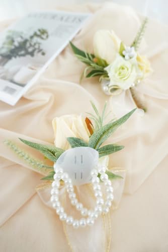 Champagne Corsage and Boutonniere Set for Wedding Prom, Artificial Rose Flower Homecoming Corsage Wristlet, Boutonniere for Men Wedding Suit Decor - color: Champagne