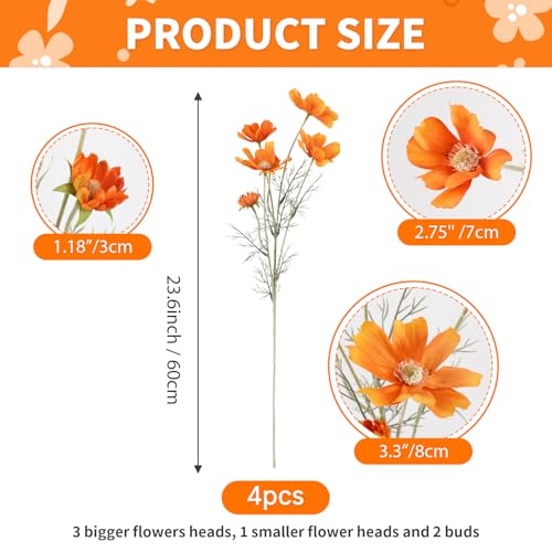 4PCS Artificial Wild Flower Fake Cosmos with Long stem Faux Silk Flowers for Wedding Bridal Bouquet Wreath Table Centerpiece Outdoor Decor (Orange)