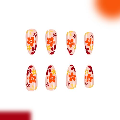 24Pcs Fall Press on Nails Medium Almond Fake Nails Colorful Flower False Nails with Glossy Design Floral Glue on Nails Full Cover Artificial Thanksgiving Stick on Nail for Women Acrylic Manicure DIY