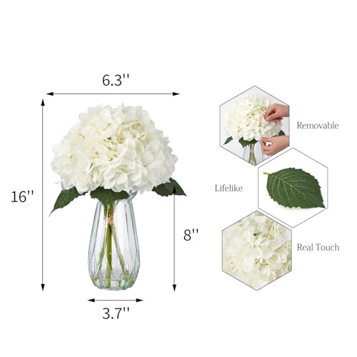 5 Pcs 16" Realistic Artificial Hydrangea with Glass Vase, Large Real Touch Flowers Artificial Flowers Dry Flowers Outdoor Wedding Christmas Office Family Party Living Room Table Decoration (White) - color: White, size: Hydrangea