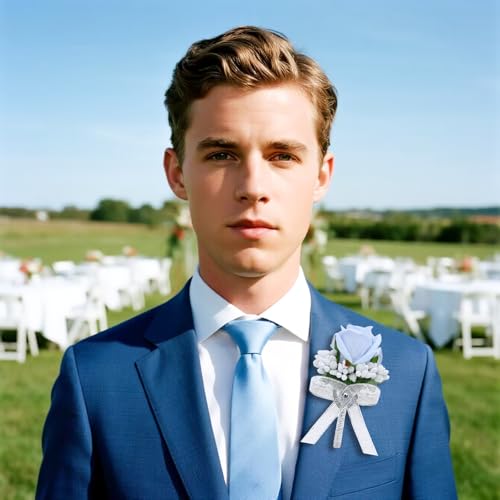 2Pcs Light Blue Rose Corsage and Men Boutonniere Set Women Wristlet Band Wrist Bracelets, for Prom Wedding Ceremony Flowers Decorations and Homecoming Party Accessories - color: Light Blue, size: 1 Boutonniere & 1 Wrist Corsage